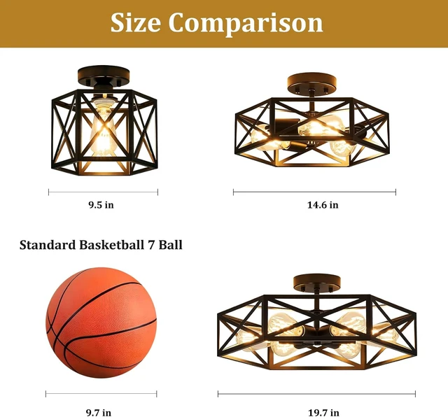Alt view image 7 of 7 - Modern Farmhouse Black Metal Semi Flush Mount Ceiling Light Fixture 14.6 in