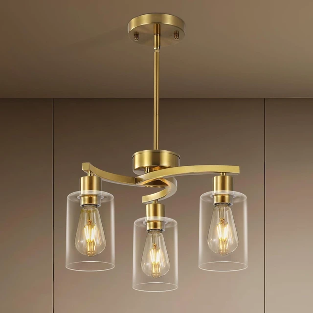 Main image of 3 Light Brushed Gold Chandelier for Dining Room, Modern Kitchen Island Light Fixtures Over Table, Metal Hanging Pendant Lighting with Clear Glass Shade, Farmhouse Industrial Gold Finish