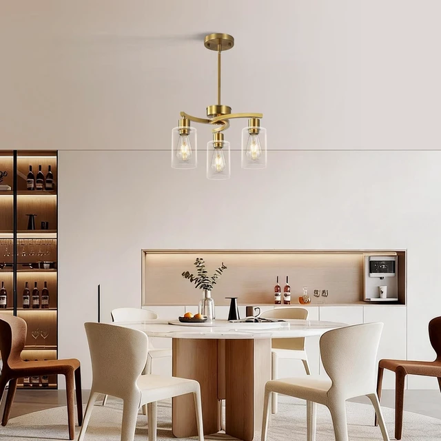 Alt view image 2 of 7 - 3 Light Brushed Gold Chandelier for Dining Room, Modern Kitchen Island Light Fixtures Over Table, Metal Hanging Pendant Lighting with Clear Glass Shade, Farmhouse Industrial Gold Finish