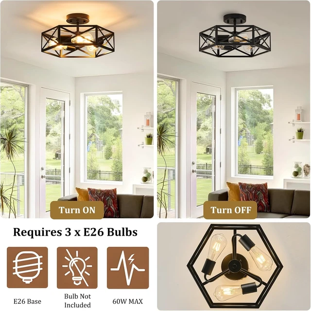 Alt view image 6 of 7 - Modern Farmhouse Black Metal Semi Flush Mount Ceiling Light Fixture 14.6 in