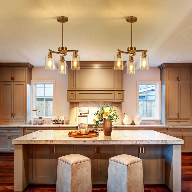 Alt view image 3 of 7 - 3 Light Brushed Gold Chandelier for Dining Room, Modern Kitchen Island Light Fixtures Over Table, Metal Hanging Pendant Lighting with Clear Glass Shade, Farmhouse Industrial Gold Finish