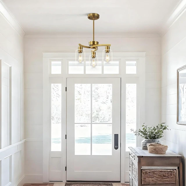 Alt view image 4 of 7 - 3 Light Brushed Gold Chandelier for Dining Room, Modern Kitchen Island Light Fixtures Over Table, Metal Hanging Pendant Lighting with Clear Glass Shade, Farmhouse Industrial Gold Finish