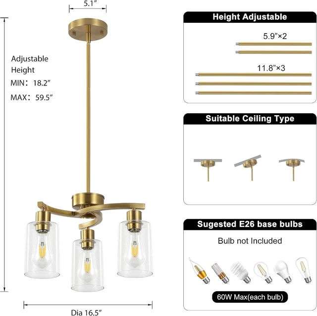 Alt view image 5 of 7 - 3 Light Brushed Gold Chandelier for Dining Room, Modern Kitchen Island Light Fixtures Over Table, Metal Hanging Pendant Lighting with Clear Glass Shade, Farmhouse Industrial Gold Finish