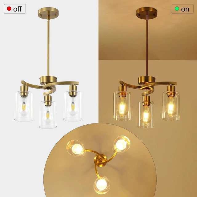 Alt view image 6 of 7 - 3 Light Brushed Gold Chandelier for Dining Room, Modern Kitchen Island Light Fixtures Over Table, Metal Hanging Pendant Lighting with Clear Glass Shade, Farmhouse Industrial Gold Finish