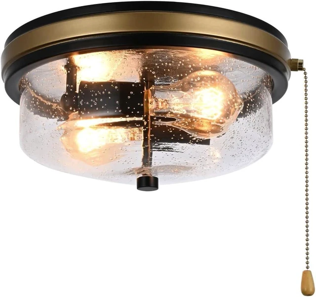 Main image of Industrial Farmhouse Close to Ceiling Light Fixture with Pull Chain Matte Black 2-Light Flush Mount Ceiling Light Fixtures with Seeded Glass 11inch
