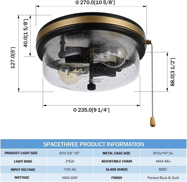 Alt view image 3 of 4 - Industrial Farmhouse Close to Ceiling Light Fixture with Pull Chain Matte Black 2-Light Flush Mount Ceiling Light Fixtures with Seeded Glass 11inch