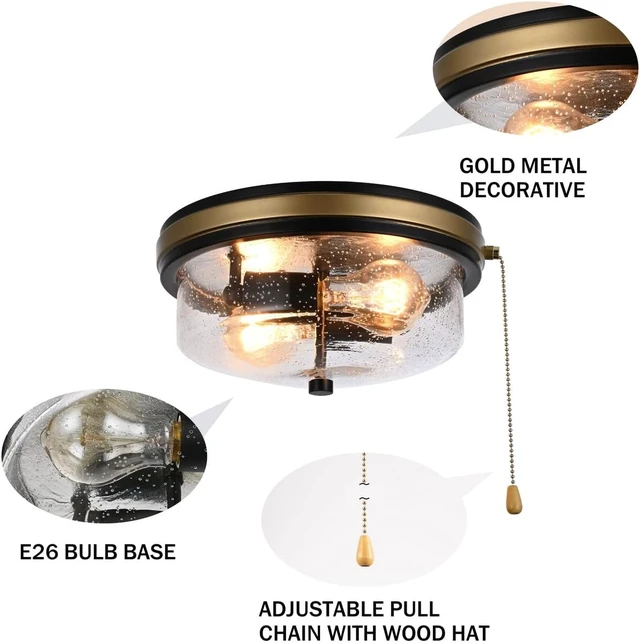 Alt view image 4 of 4 - Industrial Farmhouse Close to Ceiling Light Fixture with Pull Chain Matte Black 2-Light Flush Mount Ceiling Light Fixtures with Seeded Glass 11inch