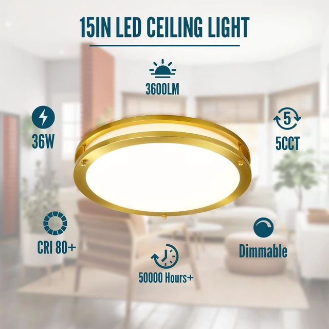Alt view image 2 of 7 - Gold Ceiling Light Fixture Flush Mount LED,16 inch Kitchen Lighting Fixtures Ceiling Mount 36W, Dimmable Close to Ceiling Light Fixture 5CCT for Bedroom,Bathroom,Living Room