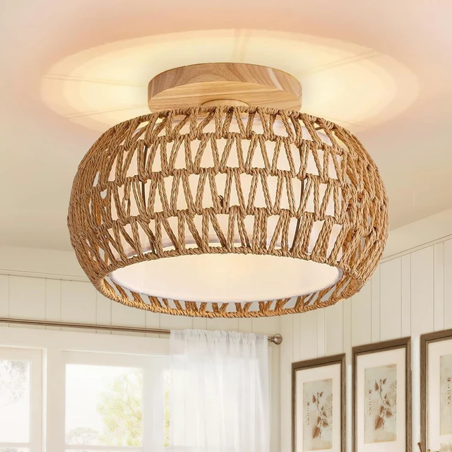 Main image of Boho Rattan Light Fixture 11.8" Farmhouse Rattan Semi Flush Mount Ceiling Light for Bedroom Hallway Kitchen Nursery