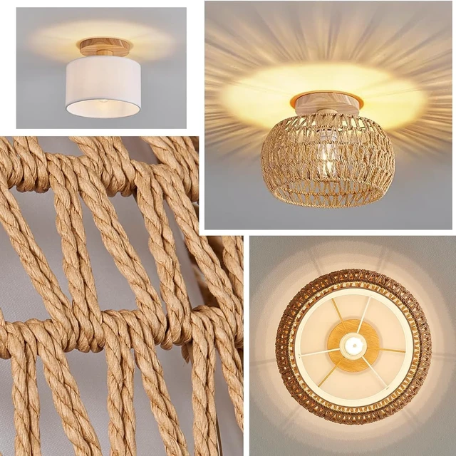 Alt view image 2 of 6 - Boho Rattan Light Fixture 11.8" Farmhouse Rattan Semi Flush Mount Ceiling Light for Bedroom Hallway Kitchen Nursery