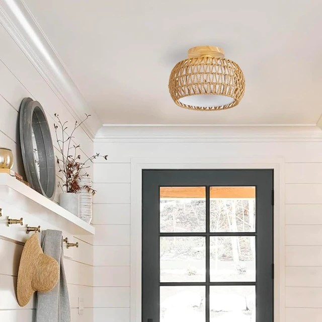 Alt view image 3 of 6 - Boho Rattan Light Fixture 11.8" Farmhouse Rattan Semi Flush Mount Ceiling Light for Bedroom Hallway Kitchen Nursery