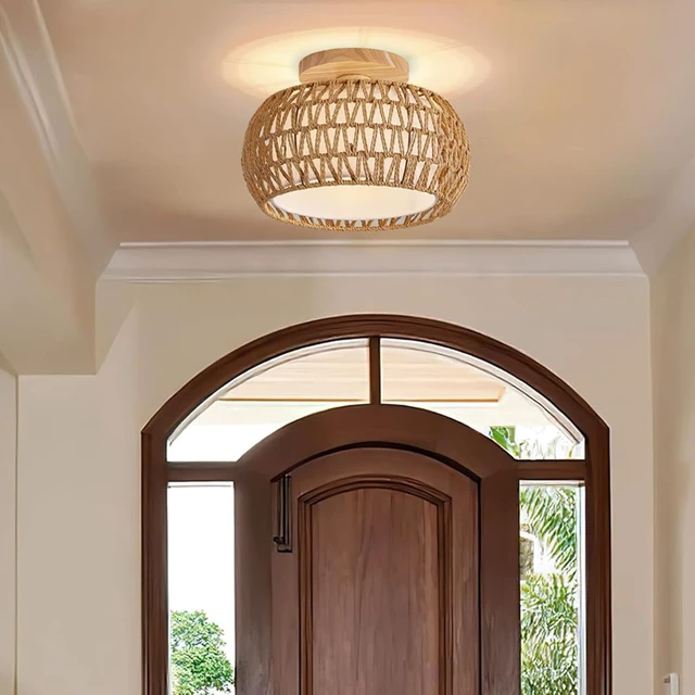 Alt view image 4 of 6 - Boho Rattan Light Fixture 11.8" Farmhouse Rattan Semi Flush Mount Ceiling Light for Bedroom Hallway Kitchen Nursery