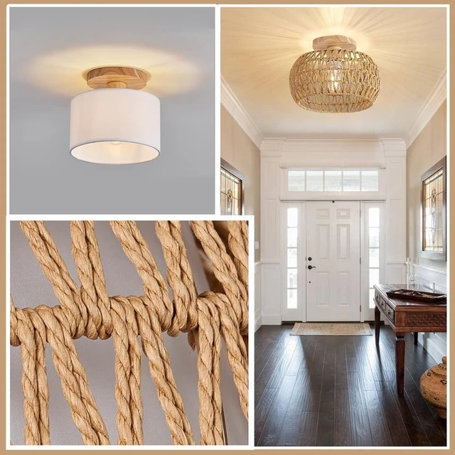 Alt view image 5 of 6 - Boho Rattan Light Fixture 11.8" Farmhouse Rattan Semi Flush Mount Ceiling Light for Bedroom Hallway Kitchen Nursery