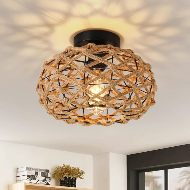 Main image of foucasal Rattan Ceiling Light Fixtures, Woven Wicker Semi Flush Mount