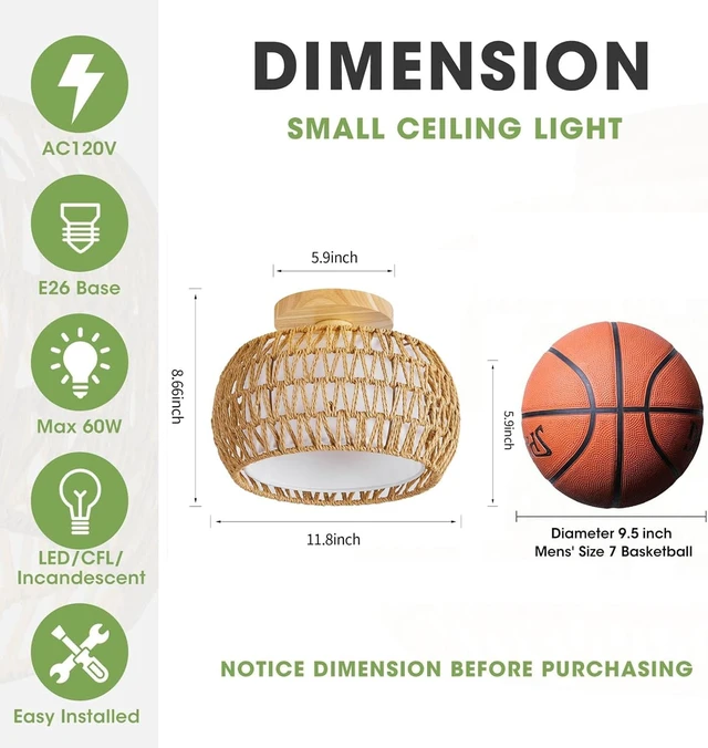 Alt view image 6 of 6 - Boho Rattan Light Fixture 11.8" Farmhouse Rattan Semi Flush Mount Ceiling Light for Bedroom Hallway Kitchen Nursery