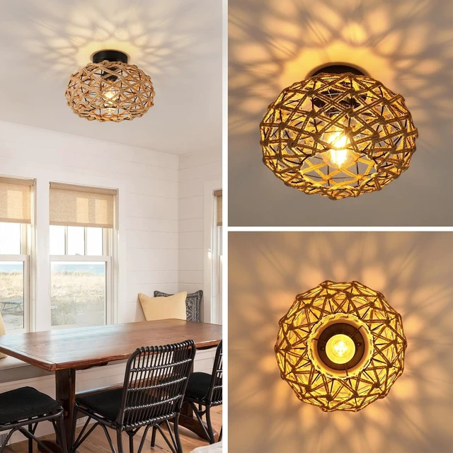 Alt view image 4 of 7 - foucasal Rattan Ceiling Light Fixtures, Woven Wicker Semi Flush Mount
