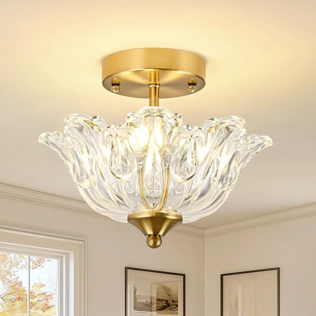 Main image of Semi Flush Mount Ceiling Light, Gold Vintage Light fixtures with Floral Clear Glass Shade, Modern Close-to-Ceiling Lighting for Bedroom Kitchen Living Room Hallway