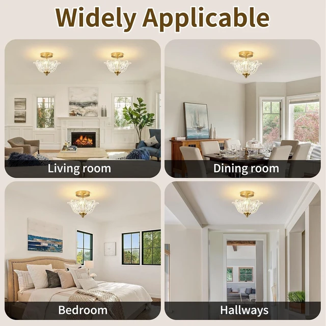 Alt view image 2 of 7 - Semi Flush Mount Ceiling Light, Gold Vintage Light fixtures with Floral Clear Glass Shade, Modern Close-to-Ceiling Lighting for Bedroom Kitchen Living Room Hallway