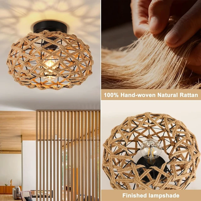 Alt view image 5 of 7 - foucasal Rattan Ceiling Light Fixtures, Woven Wicker Semi Flush Mount