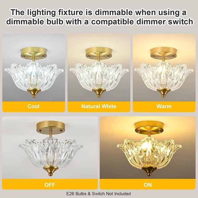 Alt view image 3 of 7 - Semi Flush Mount Ceiling Light, Gold Vintage Light fixtures with Floral Clear Glass Shade, Modern Close-to-Ceiling Lighting for Bedroom Kitchen Living Room Hallway