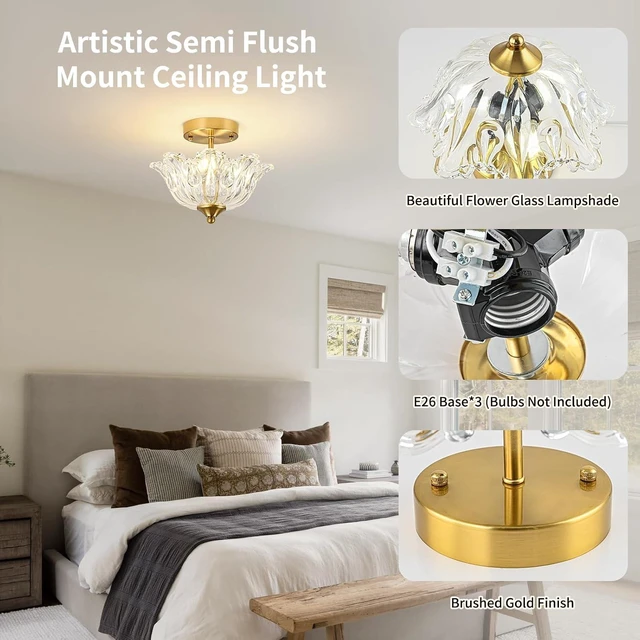Alt view image 4 of 7 - Semi Flush Mount Ceiling Light, Gold Vintage Light fixtures with Floral Clear Glass Shade, Modern Close-to-Ceiling Lighting for Bedroom Kitchen Living Room Hallway