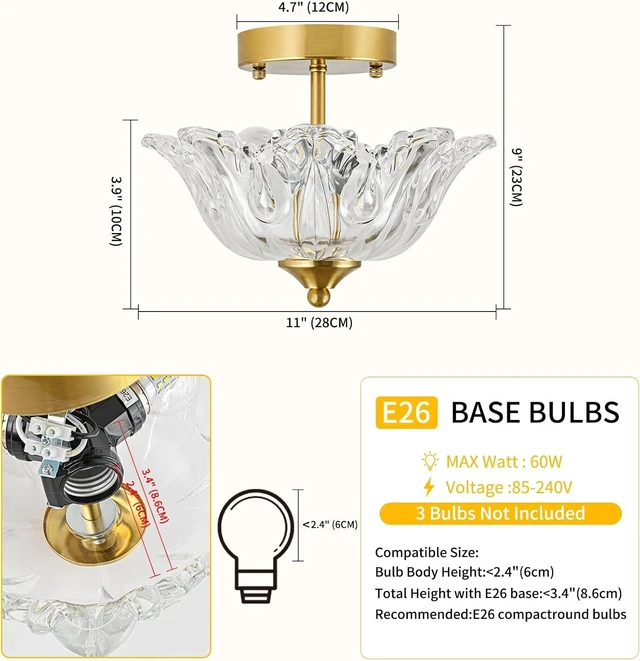 Alt view image 5 of 7 - Semi Flush Mount Ceiling Light, Gold Vintage Light fixtures with Floral Clear Glass Shade, Modern Close-to-Ceiling Lighting for Bedroom Kitchen Living Room Hallway