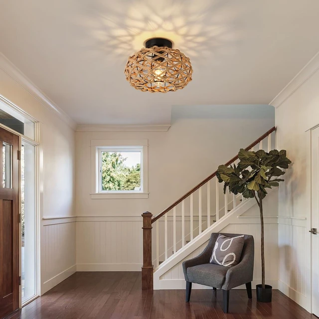 Alt view image 7 of 7 - foucasal Rattan Ceiling Light Fixtures, Woven Wicker Semi Flush Mount