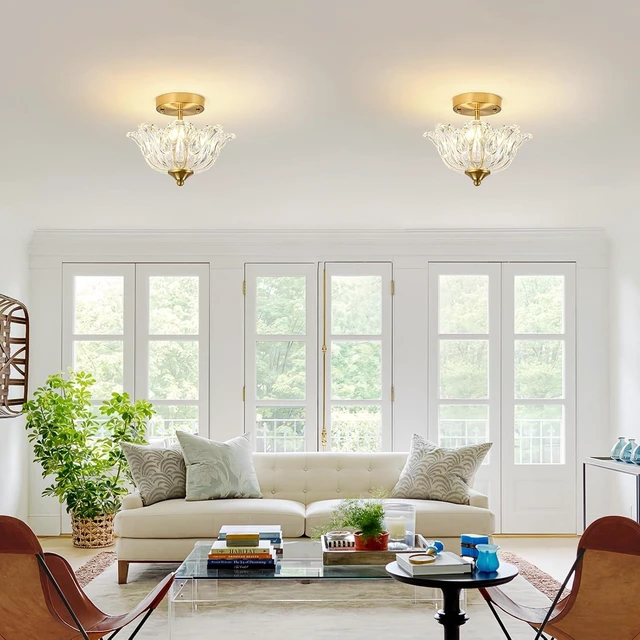 Alt view image 6 of 7 - Semi Flush Mount Ceiling Light, Gold Vintage Light fixtures with Floral Clear Glass Shade, Modern Close-to-Ceiling Lighting for Bedroom Kitchen Living Room Hallway