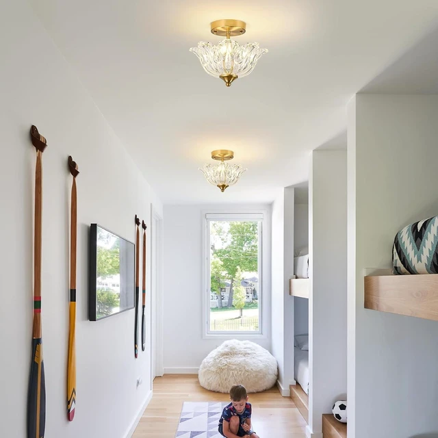 Alt view image 7 of 7 - Semi Flush Mount Ceiling Light, Gold Vintage Light fixtures with Floral Clear Glass Shade, Modern Close-to-Ceiling Lighting for Bedroom Kitchen Living Room Hallway