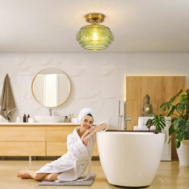 Alt view image 2 of 7 - Semi Flush Mount Ceiling Light Fixture - Brass & Gold Floral Design, Green Glass Shade, Vintage Modern Lighting for Kitchen, Bathroom, Entryway (Bulb Not Included)