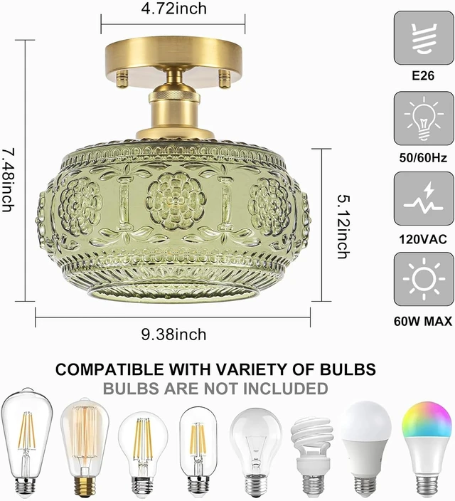 Alt view image 3 of 7 - Semi Flush Mount Ceiling Light Fixture - Brass & Gold Floral Design, Green Glass Shade, Vintage Modern Lighting for Kitchen, Bathroom, Entryway (Bulb Not Included)