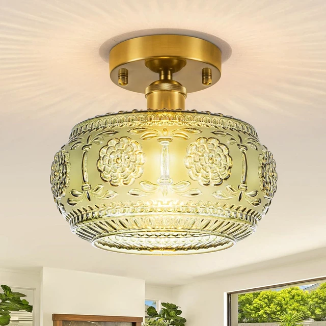 Main image of Semi Flush Mount Ceiling Light Fixture - Brass & Gold Floral Design, Green Glass Shade, Vintage Modern Lighting for Kitchen, Bathroom, Entryway (Bulb Not Included)