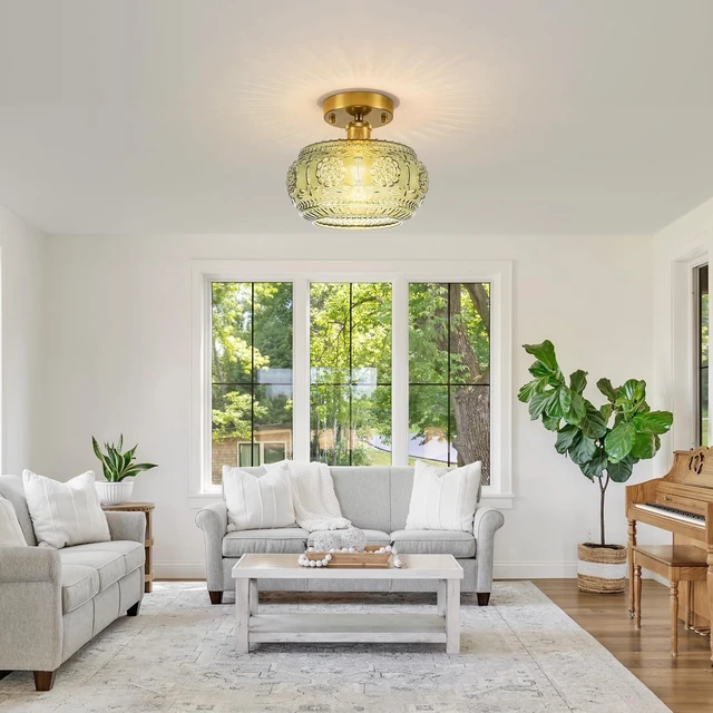 Alt view image 7 of 7 - Semi Flush Mount Ceiling Light Fixture - Brass & Gold Floral Design, Green Glass Shade, Vintage Modern Lighting for Kitchen, Bathroom, Entryway (Bulb Not Included)