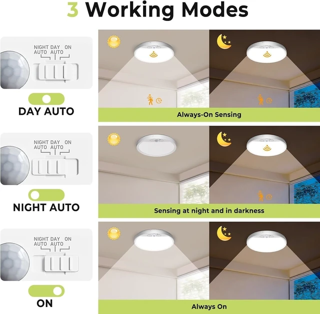 Alt view image 3 of 7 - hepside 4 Pack Motion Sensor Ceiling Light Wired, 3000K/4000K/6500K LED Flush Mount Ceiling Light Fixture, 7Inch 15W Motion Sensor Light Indoor with Timer for Closet Stair Porch Hallway Pantry,White
