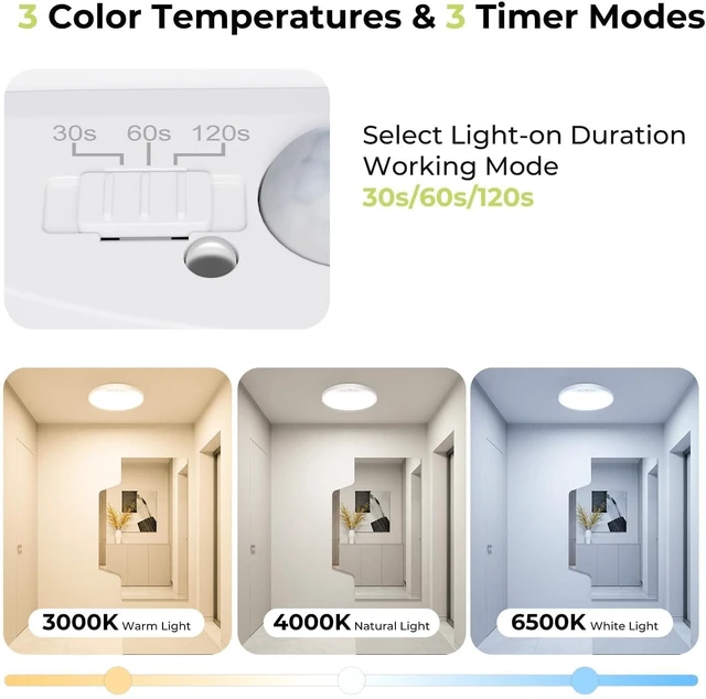 Alt view image 2 of 7 - hepside 4 Pack Motion Sensor Ceiling Light Wired, 3000K/4000K/6500K LED Flush Mount Ceiling Light Fixture, 7Inch 15W Motion Sensor Light Indoor with Timer for Closet Stair Porch Hallway Pantry,White