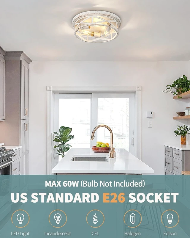 Alt view image 4 of 7 - 2 Pack Close to Ceiling Light Fixtures, 3-Lights Cage Flush Mount Ceiling Light, 13 Inch White and Gold Semi Flush Mount Ceiling Light for House Bedroom Laundry Hallway Kitchen