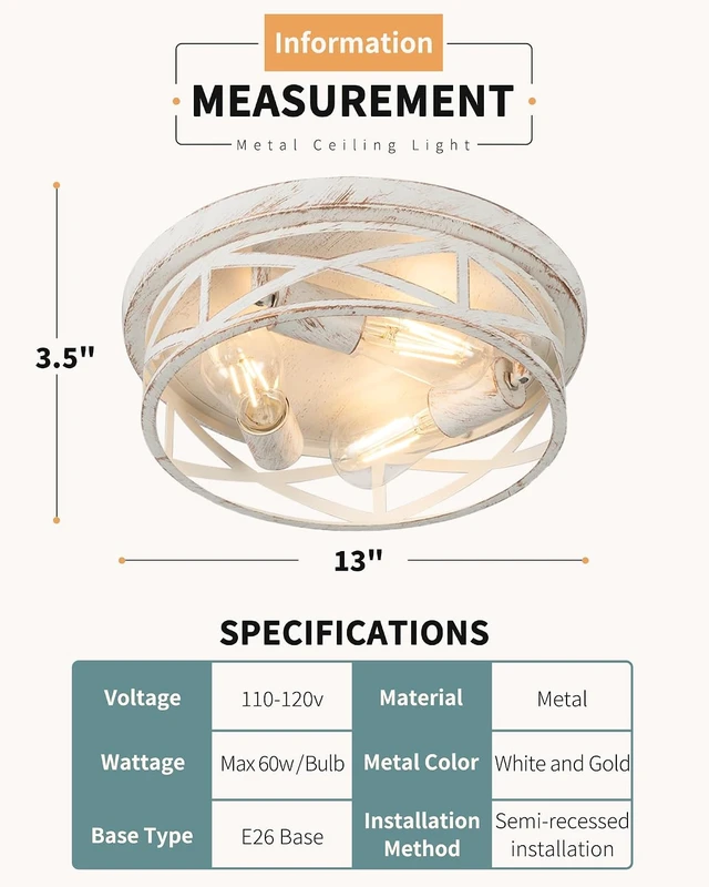 Alt view image 3 of 7 - 2 Pack Close to Ceiling Light Fixtures, 3-Lights Cage Flush Mount Ceiling Light, 13 Inch White and Gold Semi Flush Mount Ceiling Light for House Bedroom Laundry Hallway Kitchen