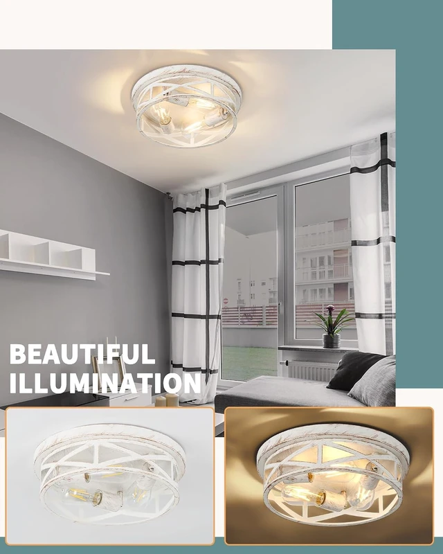 Alt view image 6 of 7 - 2 Pack Close to Ceiling Light Fixtures, 3-Lights Cage Flush Mount Ceiling Light, 13 Inch White and Gold Semi Flush Mount Ceiling Light for House Bedroom Laundry Hallway Kitchen