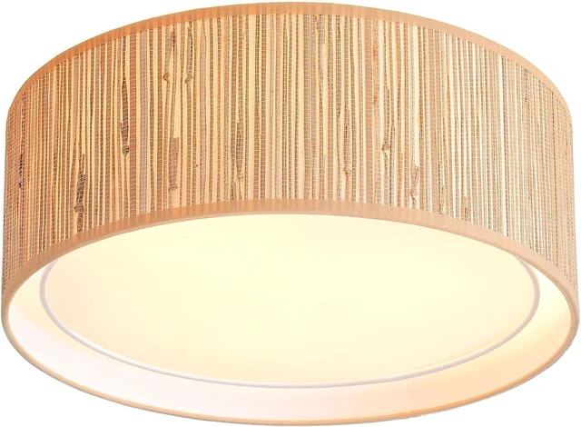 Main image of WINGBO 15.7" Modern 3-Light Flush Mount Ceiling Light Fixture with Fabric & Acrylic Double Drum Shade for Bedroom Living Room Dining Room Hallway Entryway, Wood Grain