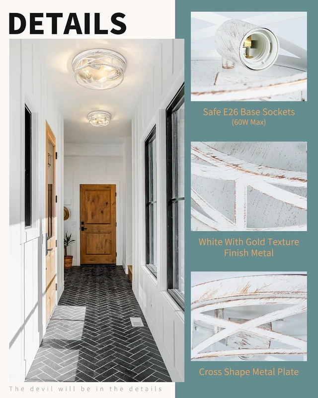 Alt view image 5 of 7 - 2 Pack Close to Ceiling Light Fixtures, 3-Lights Cage Flush Mount Ceiling Light, 13 Inch White and Gold Semi Flush Mount Ceiling Light for House Bedroom Laundry Hallway Kitchen