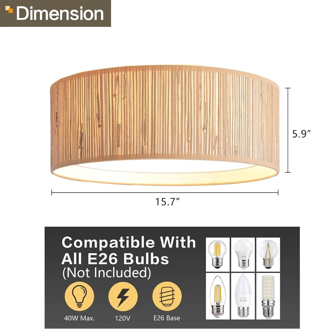 Alt view image 2 of 6 - WINGBO 15.7" Modern 3-Light Flush Mount Ceiling Light Fixture with Fabric & Acrylic Double Drum Shade for Bedroom Living Room Dining Room Hallway Entryway, Wood Grain