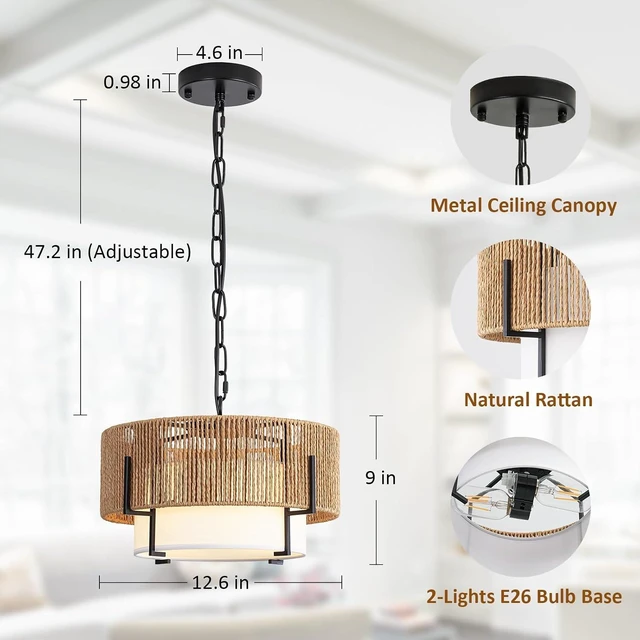 Alt view image 2 of 7 - 12.6" Rattan Pendant Light, Boho Chandelier Hanging Light Fixture