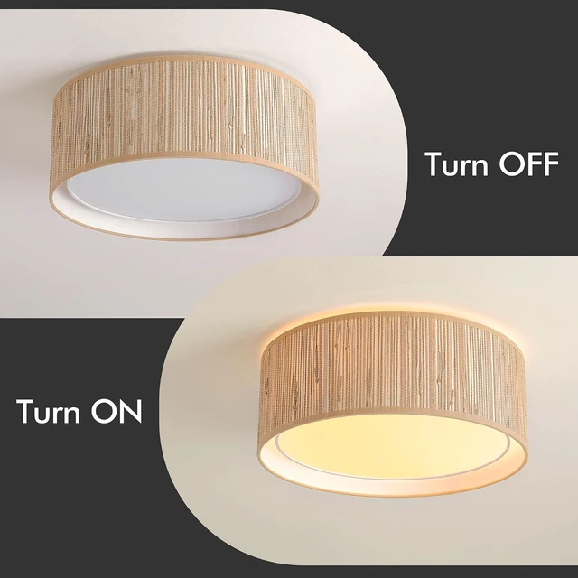 Alt view image 4 of 6 - WINGBO 15.7" Modern 3-Light Flush Mount Ceiling Light Fixture with Fabric & Acrylic Double Drum Shade for Bedroom Living Room Dining Room Hallway Entryway, Wood Grain