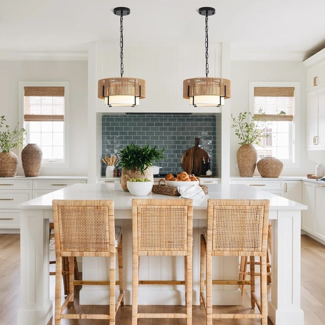 Alt view image 5 of 7 - 12.6" Rattan Pendant Light, Boho Chandelier Hanging Light Fixture