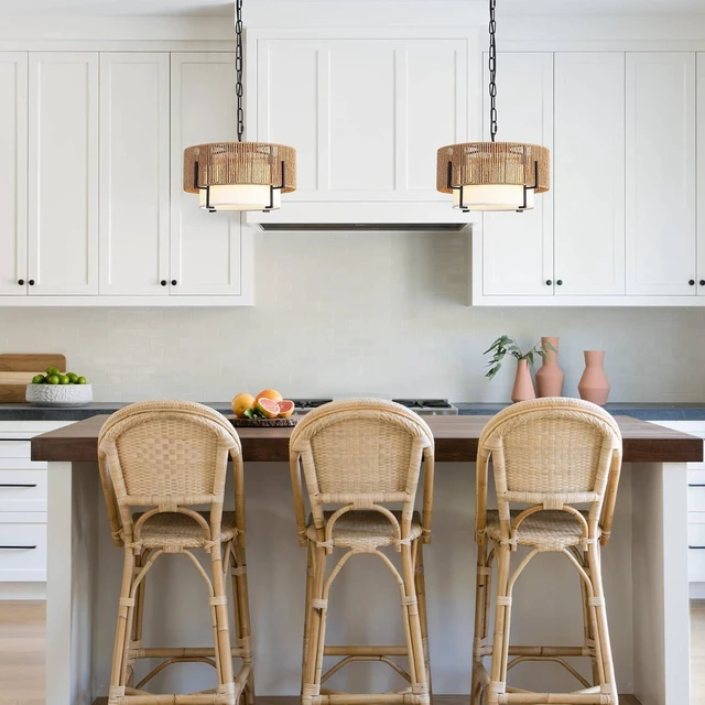 Alt view image 6 of 7 - 12.6" Rattan Pendant Light, Boho Chandelier Hanging Light Fixture