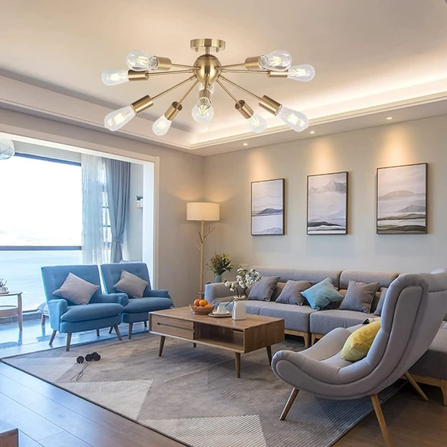 Alt view image 2 of 7 - Modern Sputnik Chandelier Lighting 10 Lights Brushed Brass Semi Flush Mount Ceiling Light Gold Mid Century Pendant Lighting By BONLICHT