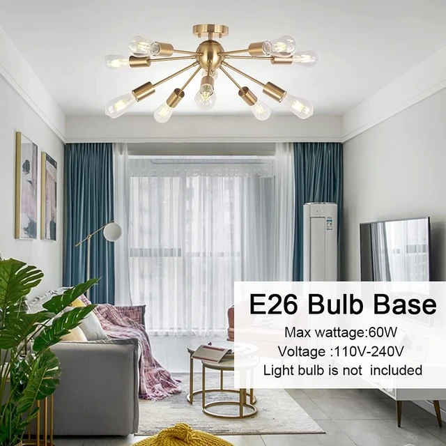 Alt view image 3 of 7 - Modern Sputnik Chandelier Lighting 10 Lights Brushed Brass Semi Flush Mount Ceiling Light Gold Mid Century Pendant Lighting By BONLICHT