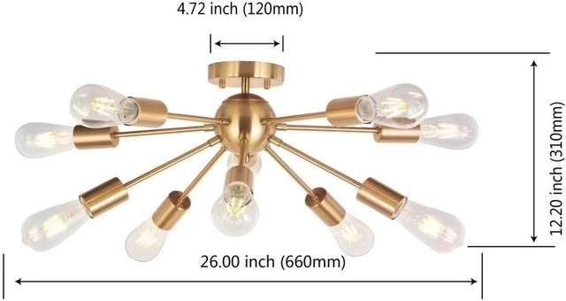 Alt view image 6 of 7 - Modern Sputnik Chandelier Lighting 10 Lights Brushed Brass Semi Flush Mount Ceiling Light Gold Mid Century Pendant Lighting By BONLICHT