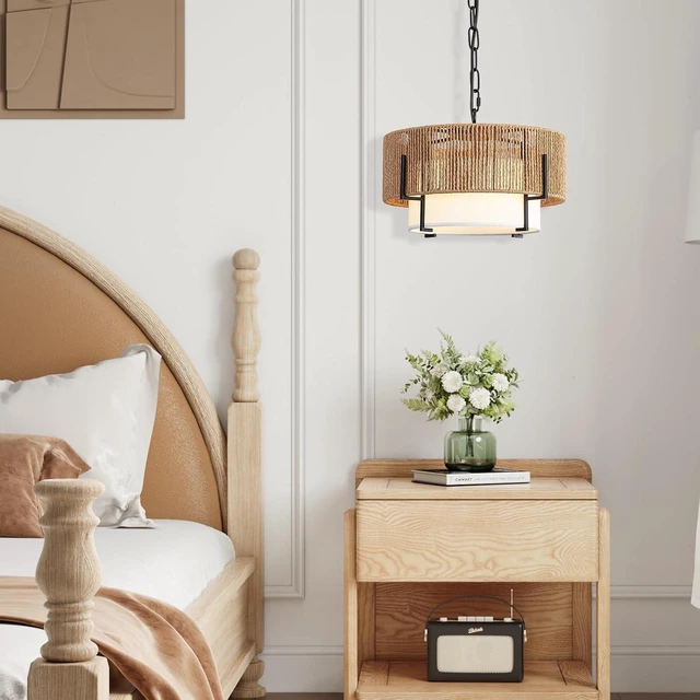 Alt view image 7 of 7 - 12.6" Rattan Pendant Light, Boho Chandelier Hanging Light Fixture
