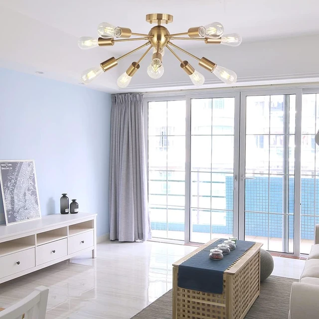 Alt view image 5 of 7 - Modern Sputnik Chandelier Lighting 10 Lights Brushed Brass Semi Flush Mount Ceiling Light Gold Mid Century Pendant Lighting By BONLICHT